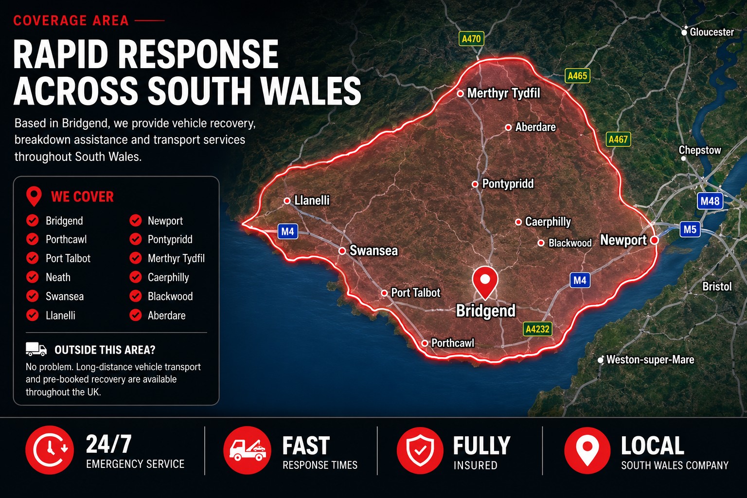 Peak Recovery South Wales coverage map including Swansea, Cardiff, Newport, Pontypridd and Merthyr Tydfil